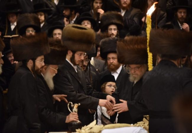 הבה"ח ישראל מנחם נחום רוקח בהגבהת הכוס בהבדלה אצל סבו האדמו"ר מבעלזא. צילום: אנשיל בעק